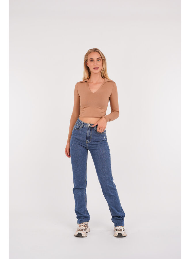 Straight leg jeans met destroyed onderzijde donker blauw