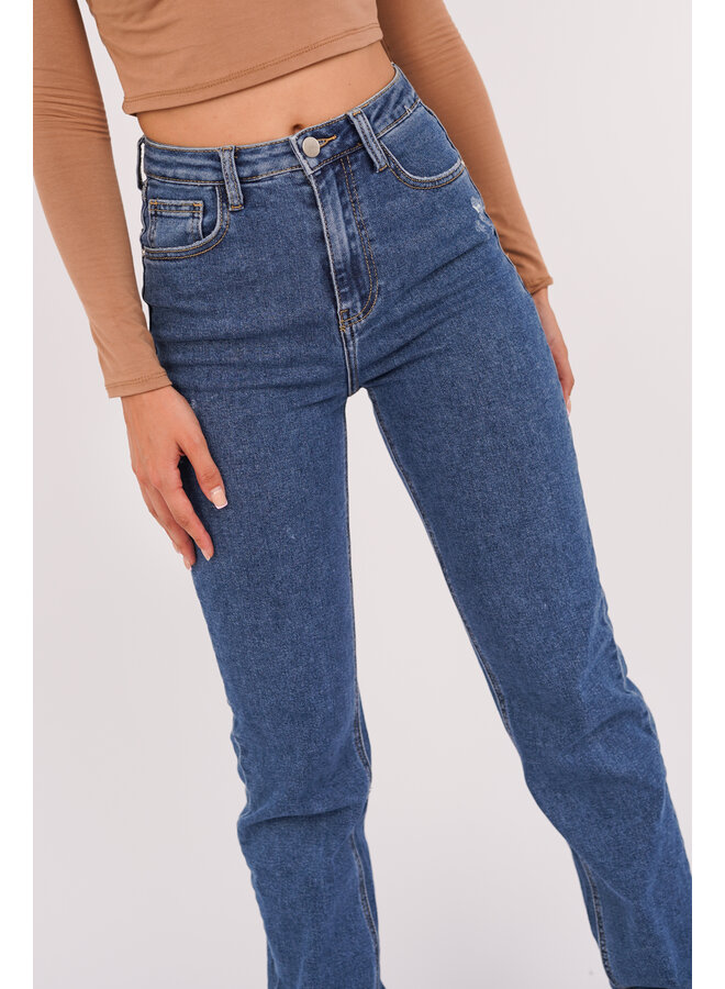 Straight leg jeans met destroyed onderzijde donker blauw