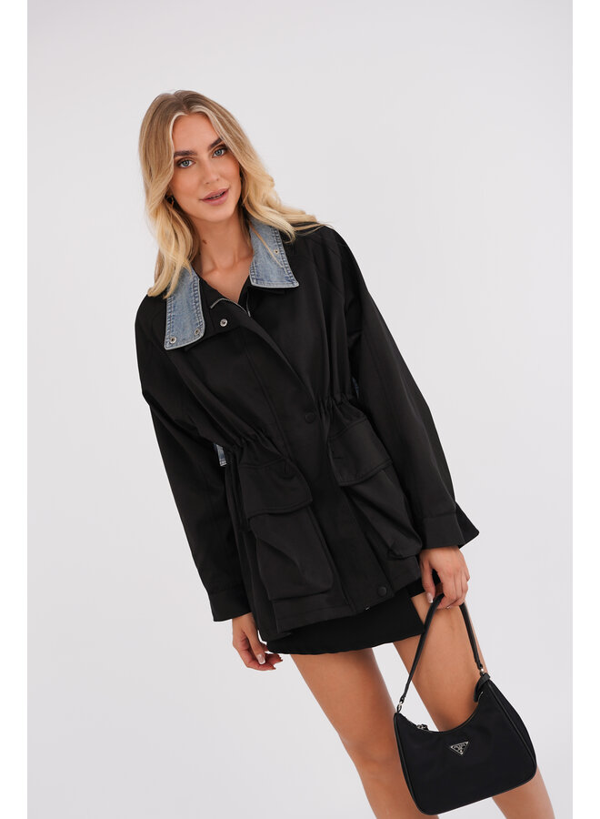 Dames jas met denim details zwart