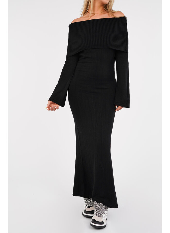 Maxi jurk knitted met split zwart