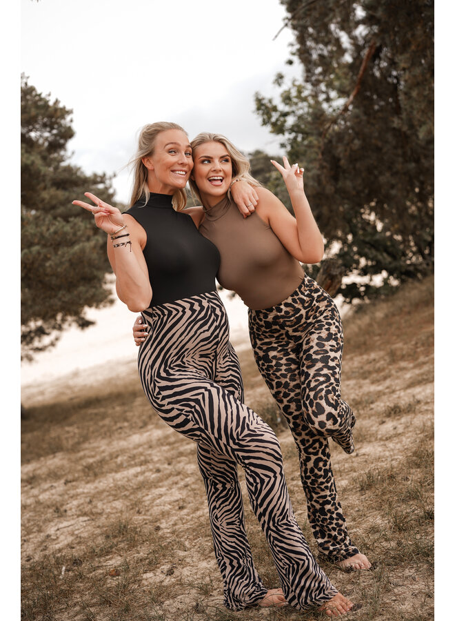 Flared pants met zebra print en stretch zwart/sand