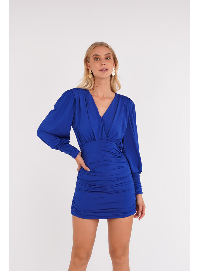 Geplooide jurk blauw met lange mouwen
