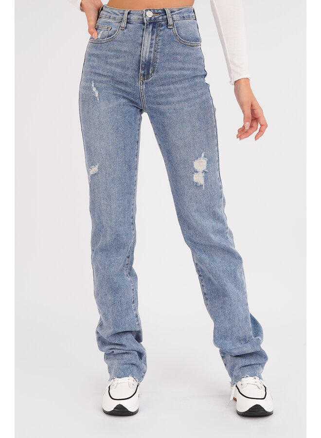 Straight leg jeans destroyed details blauw