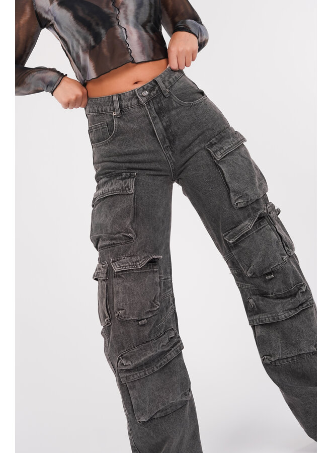 Cargo broek mid-waist met zakken grijs