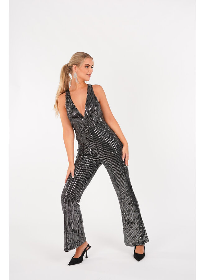 Pailletten jumpsuit met lage v-hals zilver