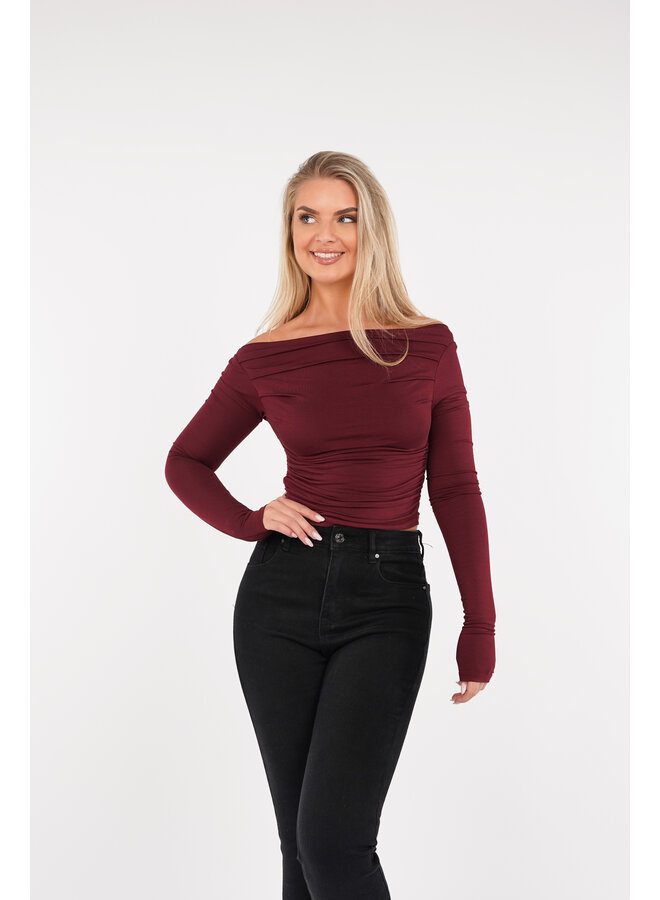 Off shoulder top geplooid bordeaux rood