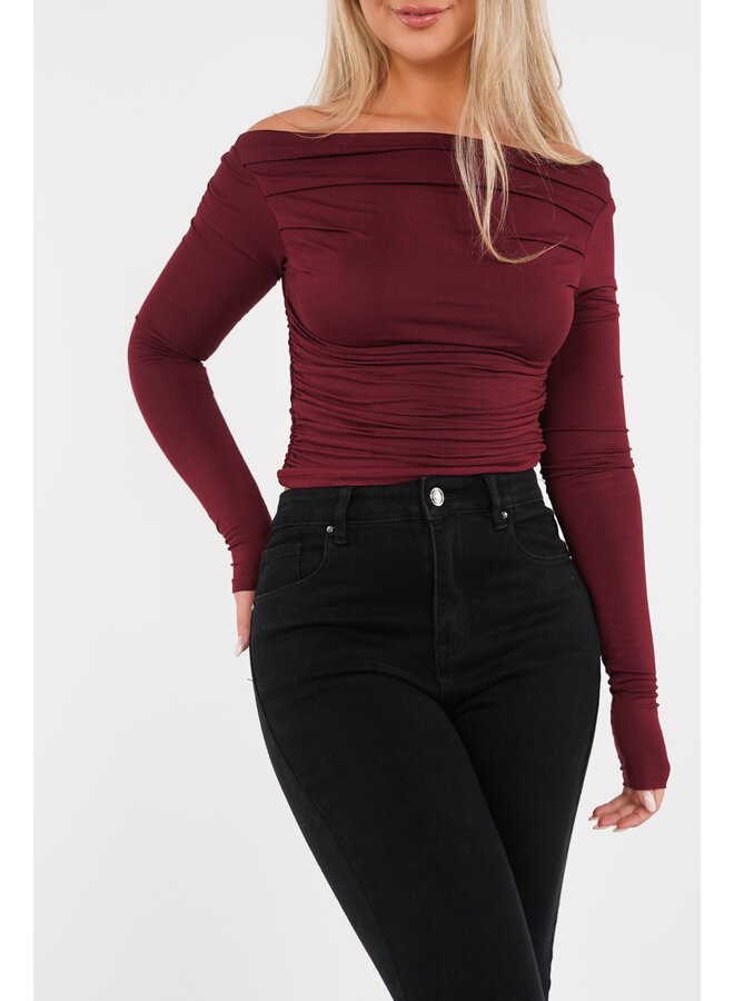 Off shoulder top geplooid bordeaux rood