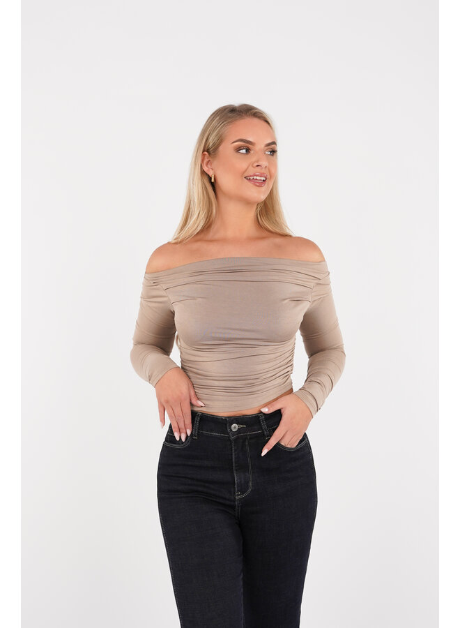 Off shoulder top geplooid licht taupe