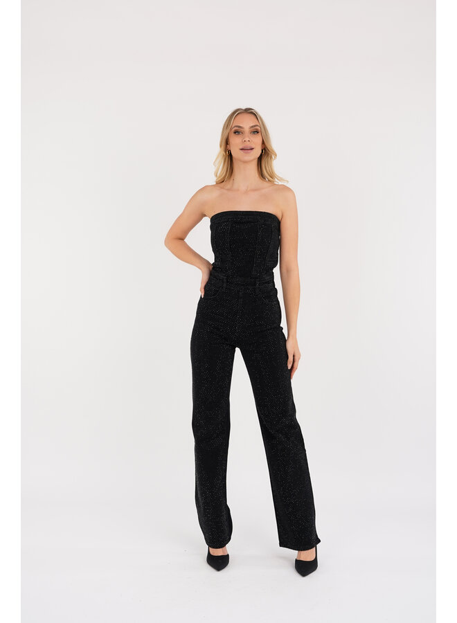 Strapless jumpsuit denim strass zwart