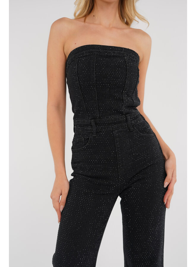 Strapless jumpsuit denim strass zwart