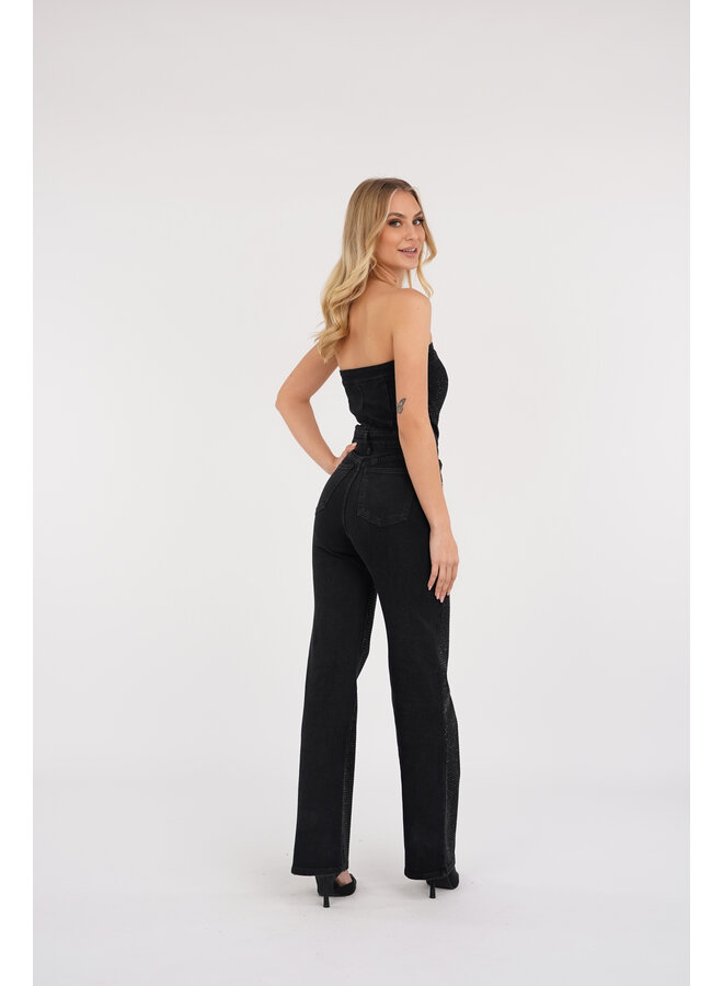 Strapless jumpsuit denim strass zwart