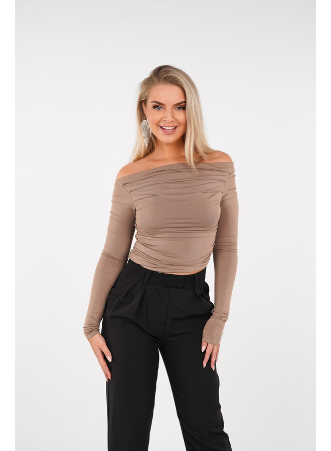 Off shoulder top geplooid taupe