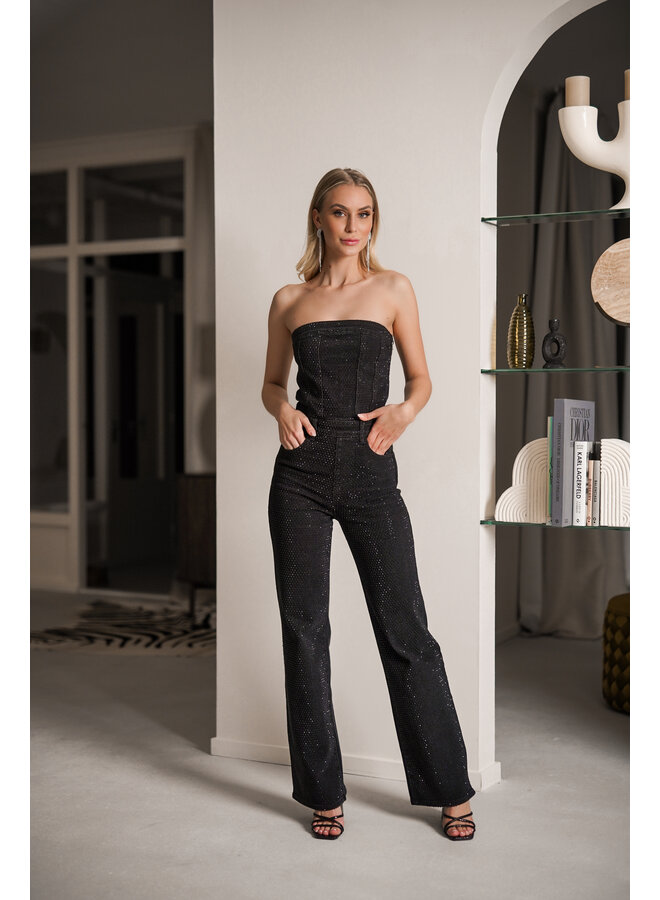 Strapless jumpsuit denim strass zwart