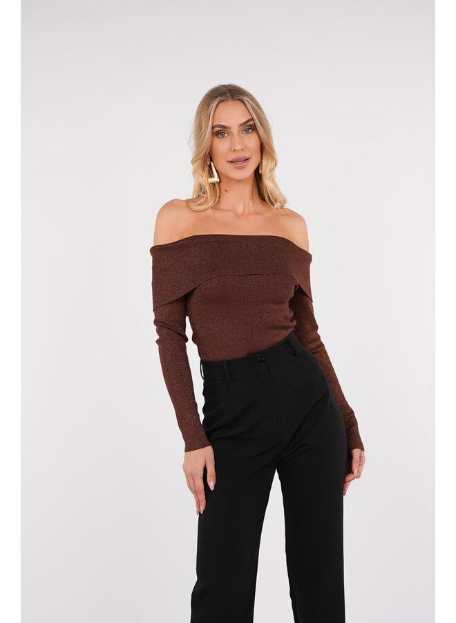 Off shoulder top met lurex glitter bruin