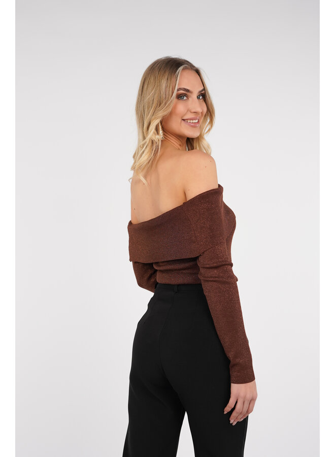 Off shoulder top met lurex glitter bruin