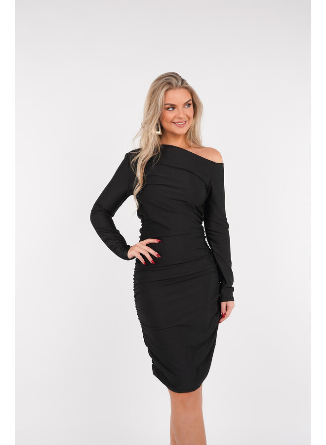 One shoulder jurk midi zwart met plooien