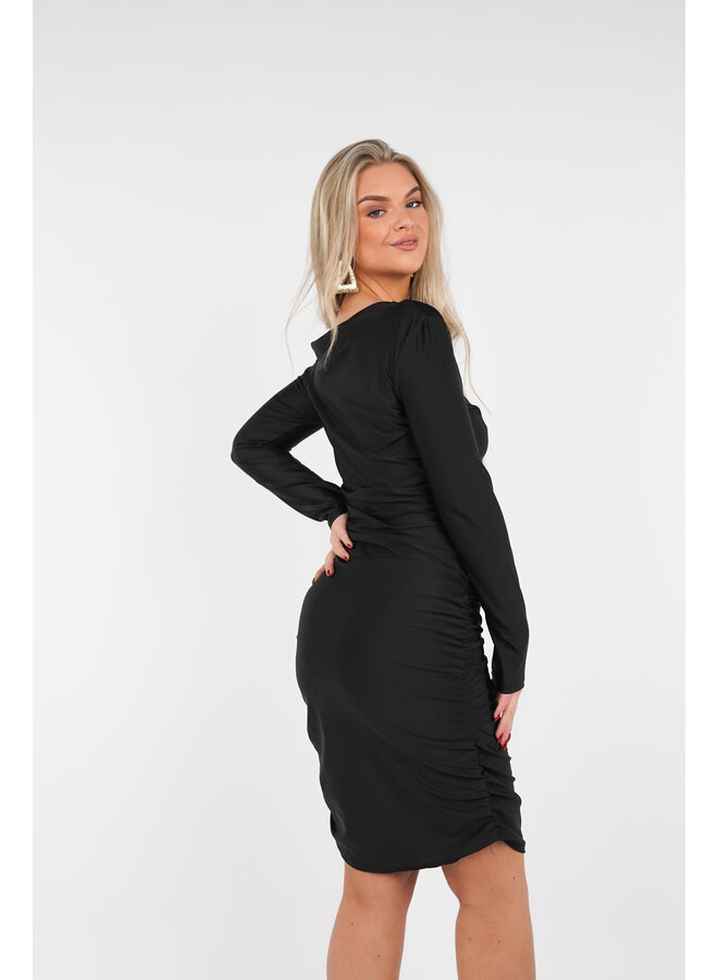 One shoulder jurk midi zwart met plooien