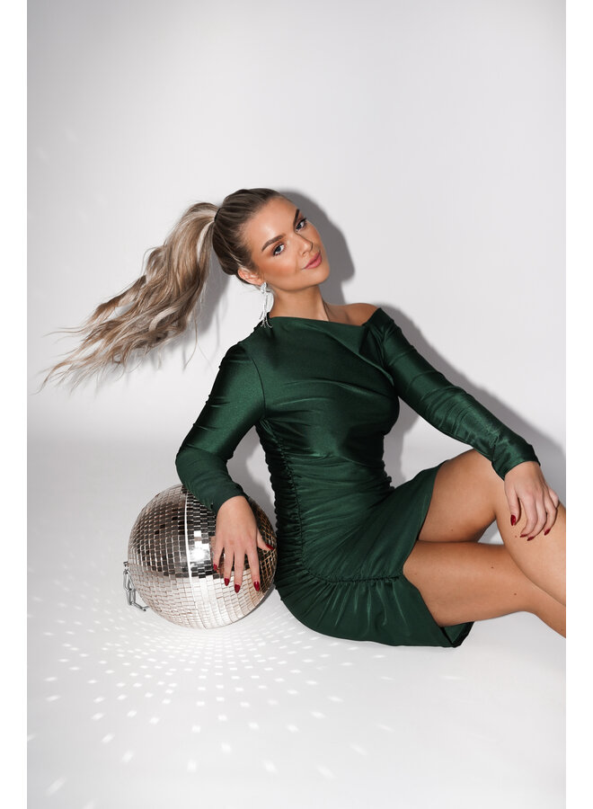 One shoulder jurk midi groen met plooien