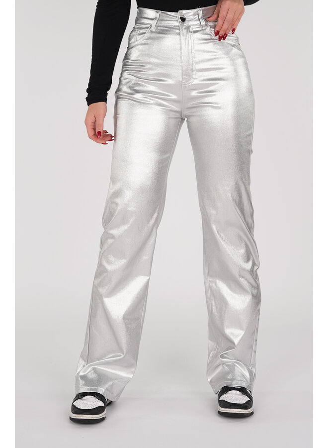 Wide leg jeans metallic zilver