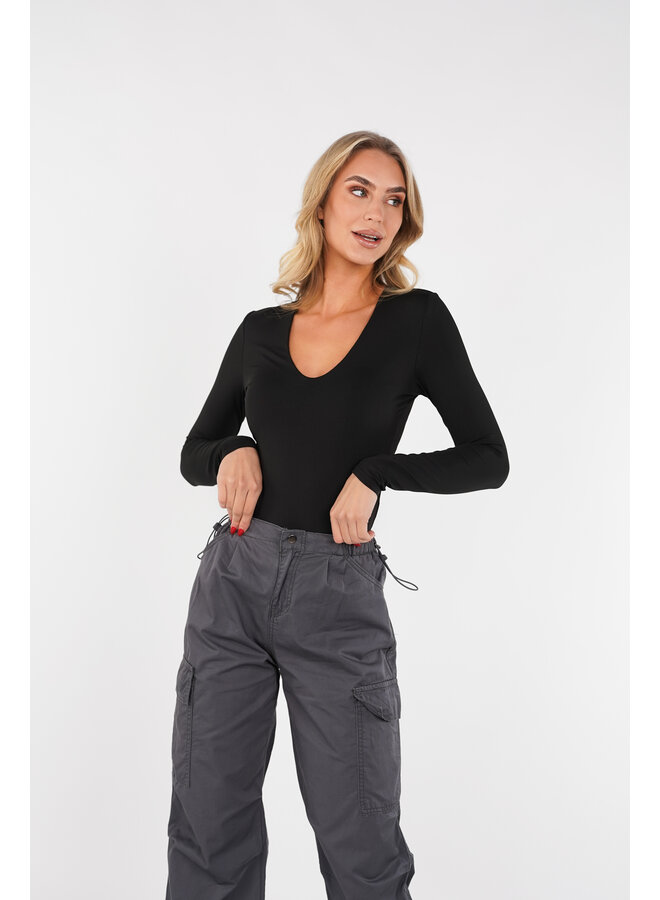 Bodysuit met v-hals en stretch zwart met lange mouw