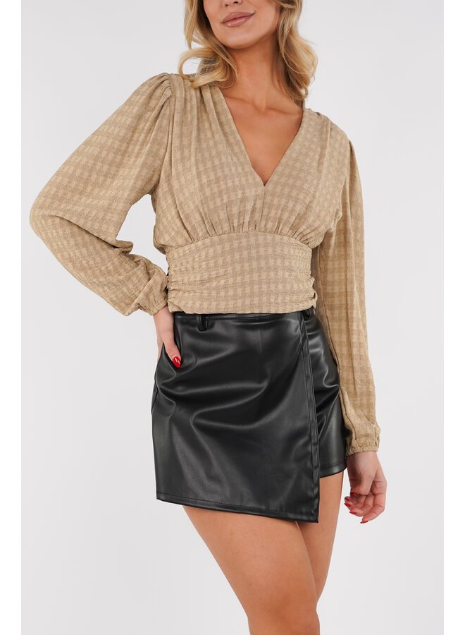 Croptop taupe met v-hals en lange mouwen