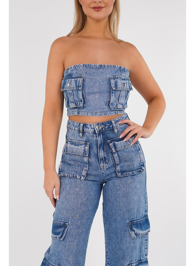 Bandeau top denim met zakken blauw