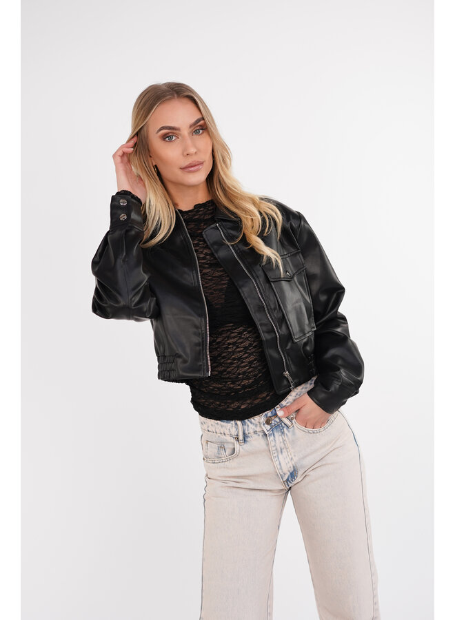 Bomber jack leatherlook cropped zwart