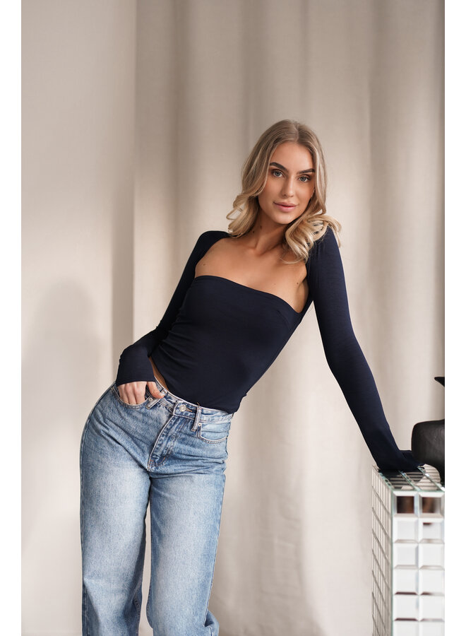 Top dames met square hals en lange mouwen navy