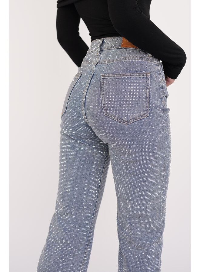 Straight leg jeans met strass stenen blauw