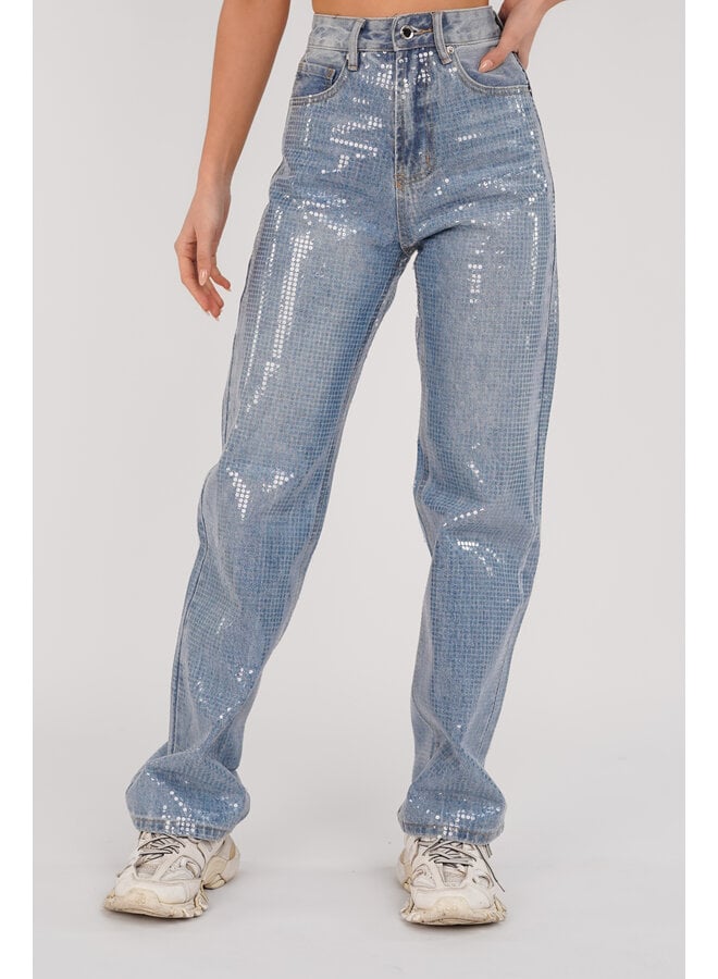 Wide leg jeans met sequin print blauw