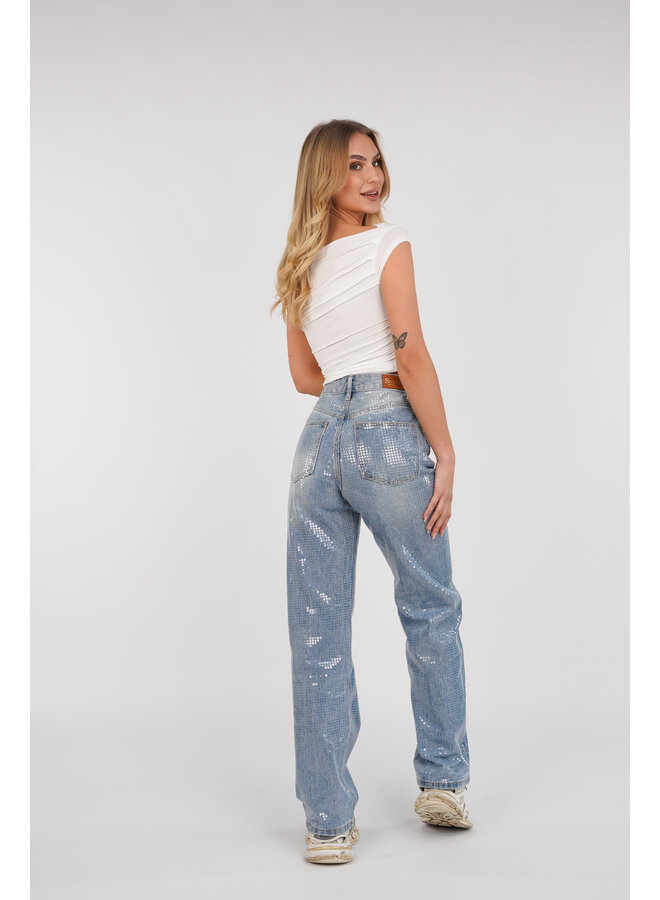 Wide leg jeans met sequin print blauw