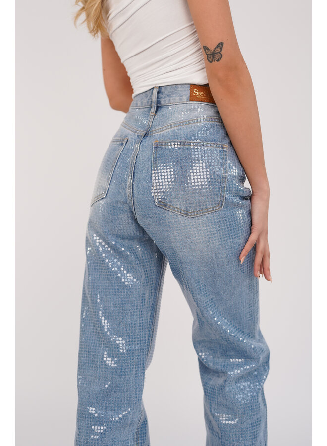 Wide leg jeans met sequin print blauw