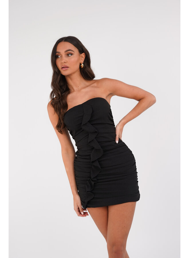 Strapless jurk zwart met ruffle