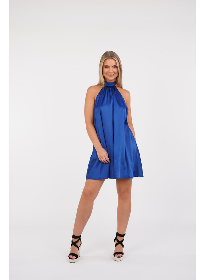 Satijn jurk hoogsluitend kobalt blauw