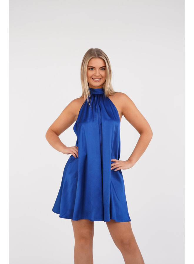 Satijnen halternek jurk  kobalt blauw - Evia