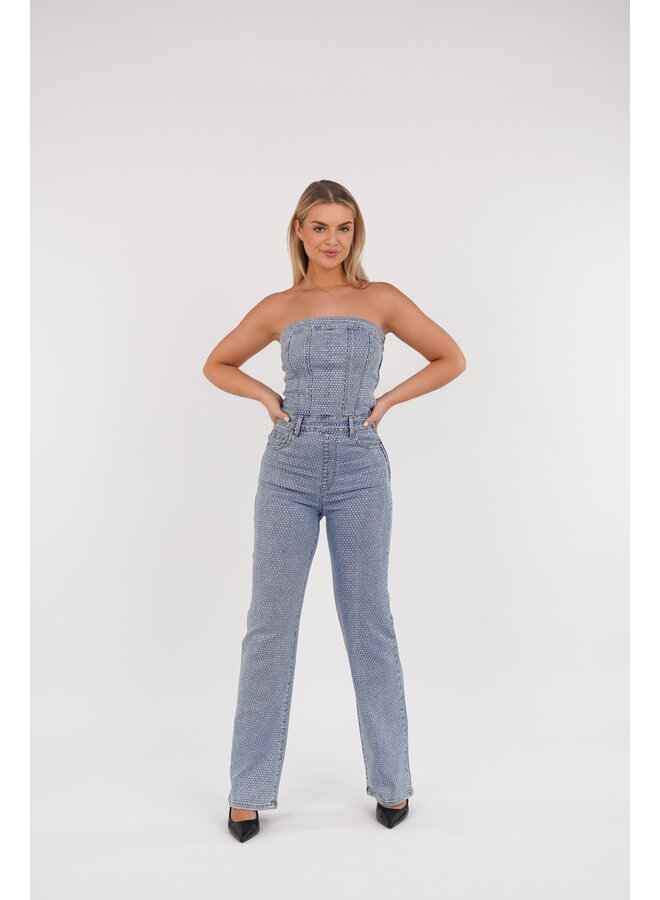 Strapless jumpsuit denim strass blauw