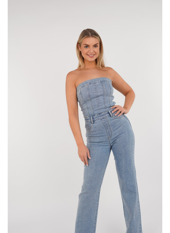 Strapless jumpsuit denim strass blauw