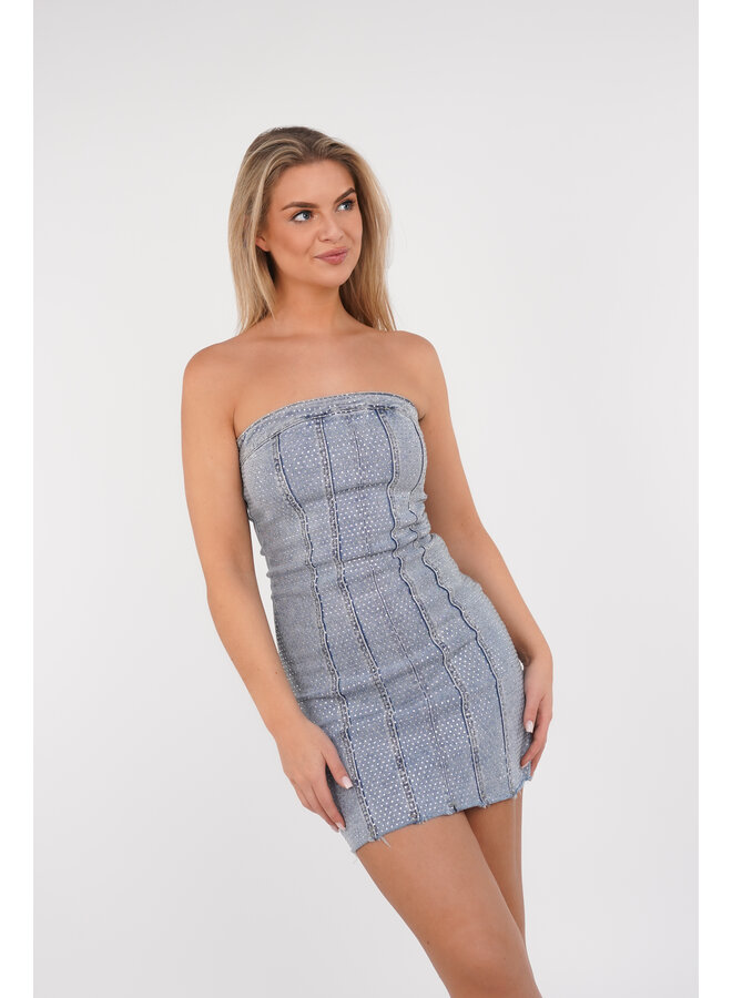 Denim strapless jurk met strass blauw