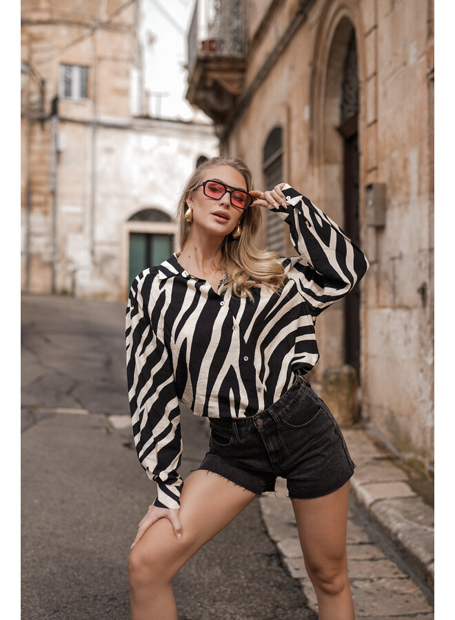 Oversized blouse met zebra print zwart