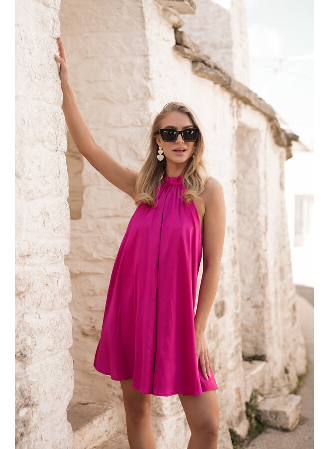 Satijnen halternek  jurk roze- Evia