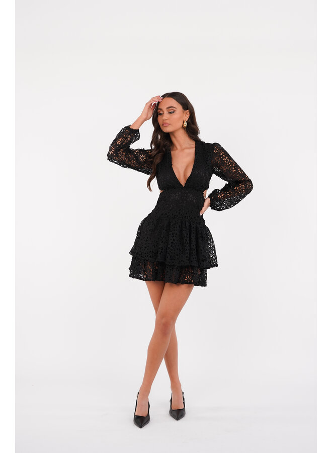 Broderie jurk met cut out details zwart