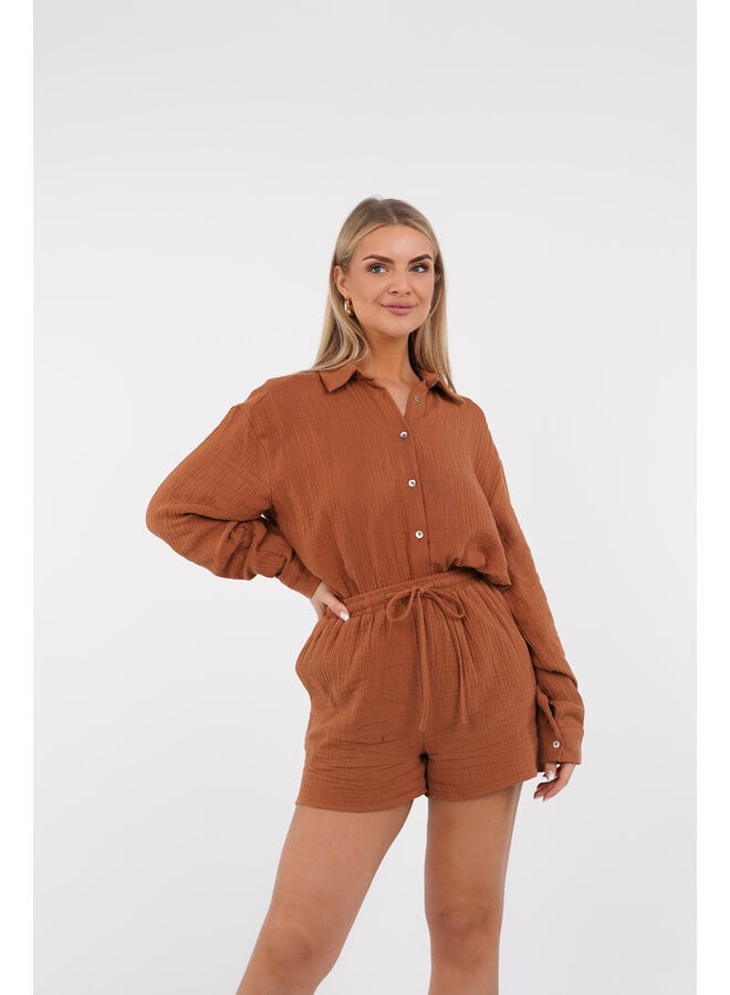 Oversized blouse van mousseline stof bruin