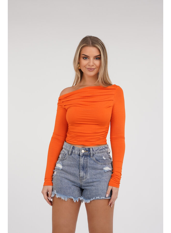 Off shoulder top geplooid oranje