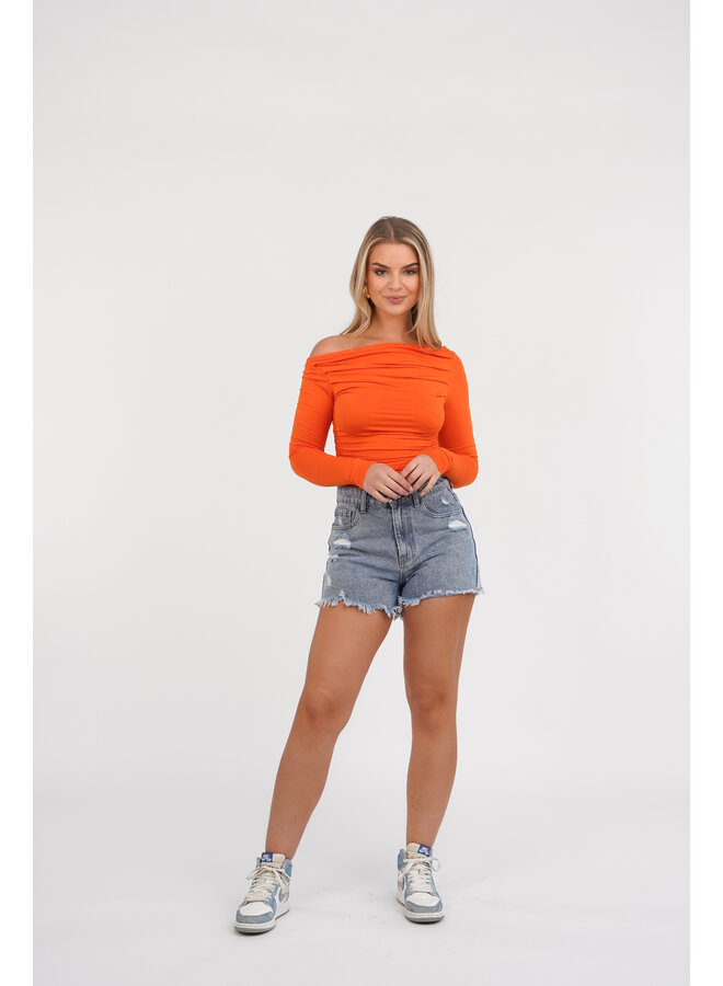 Off shoulder top geplooid oranje