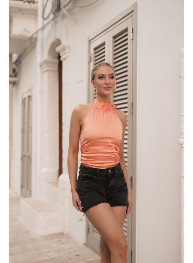 Satijnen halter top oranje - Amelia