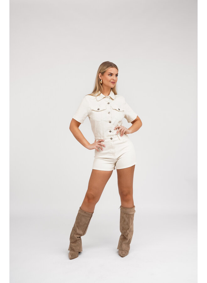 Playsuit denim beige met stretch en korte mouw