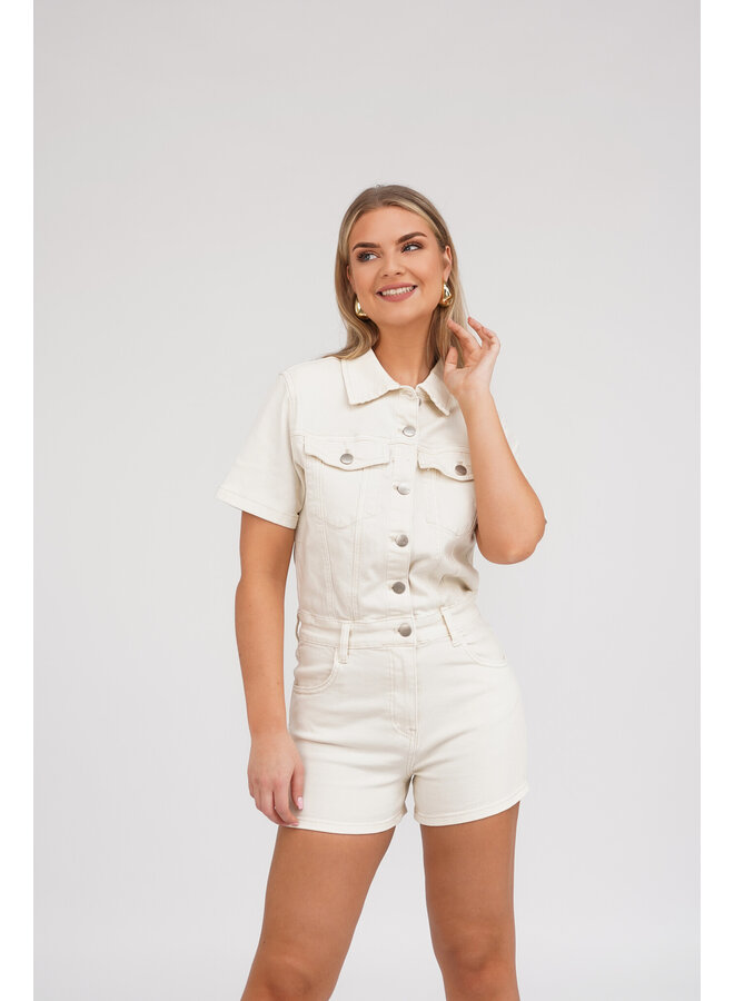 Playsuit denim beige met stretch en korte mouw