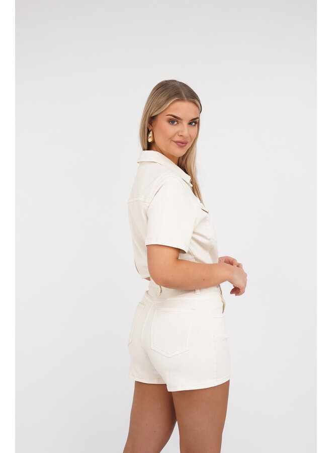 Playsuit denim beige met stretch en korte mouw