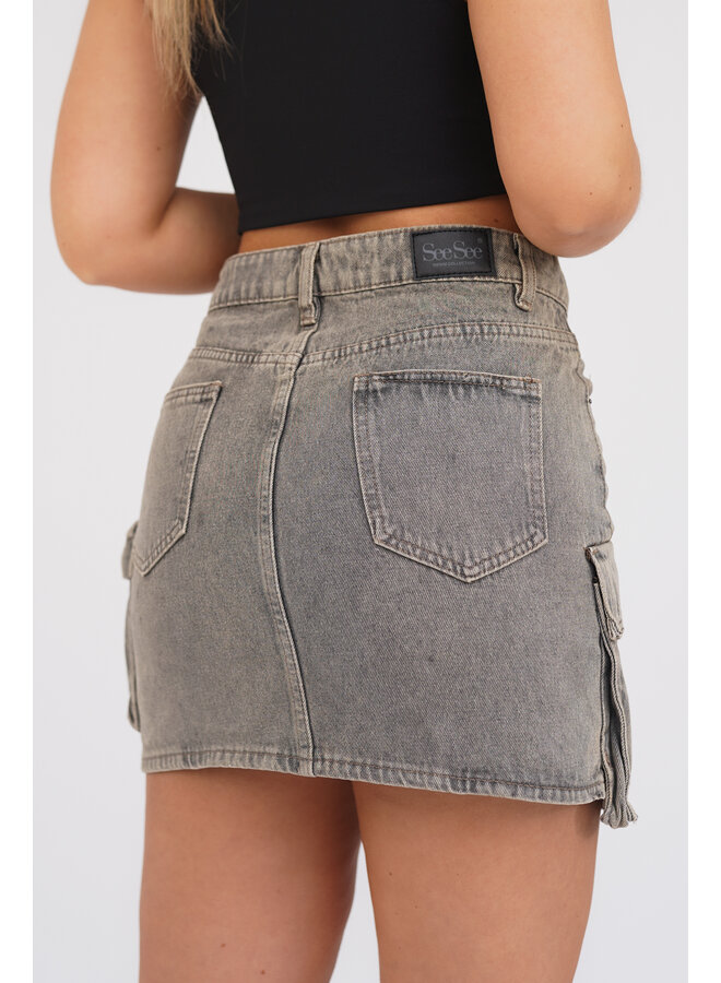 Skirt denim dames cargo acid wash grijs