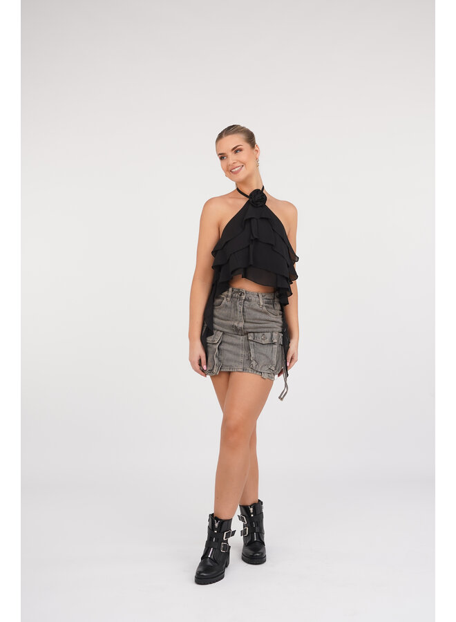 Crop top ruffles met halternek en roos zwart